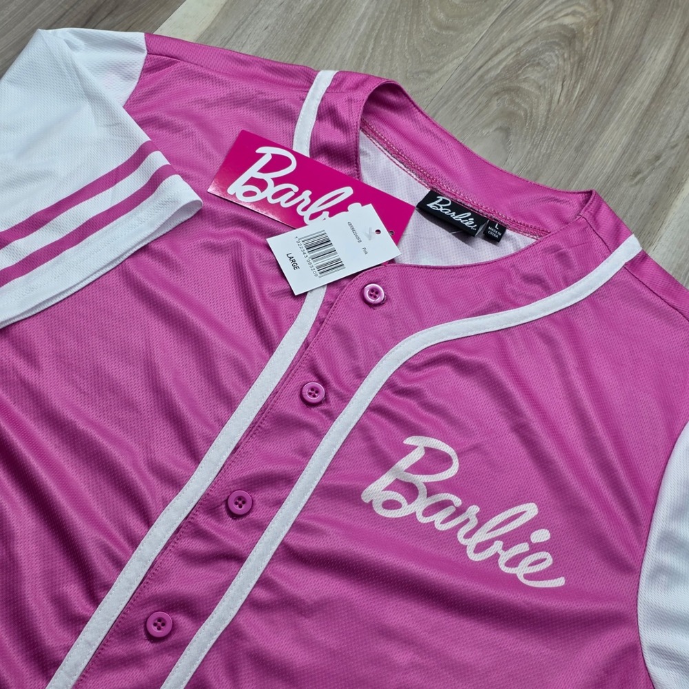 Barbie Baseball Jersey Pink White Button Up Logo 59 Graphic Shirt Large Womens - Picture 8 of 13